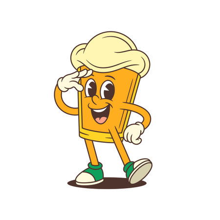 Joyful cartoon beer glass mascot with large foam head saluting with one hand. Suitable for brewery branding, beer festivals, and promotional materials. Colorful character vector illustrationのイラスト素材
