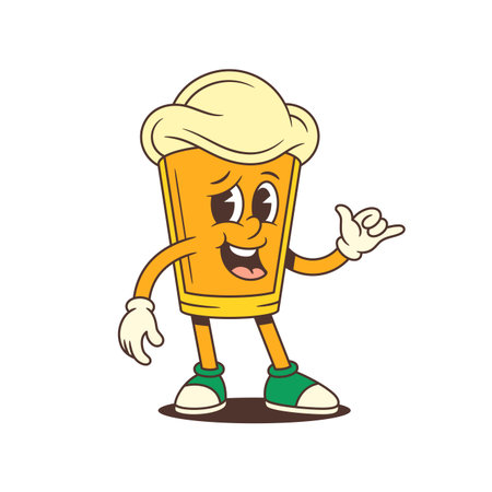 Smiling cartoon beer glass mascot with large foam head showing a hang loose gesture. Perfect for brewery branding, festivals, and promotions. Fun colorful artwork for ads. Vector illustrationのイラスト素材