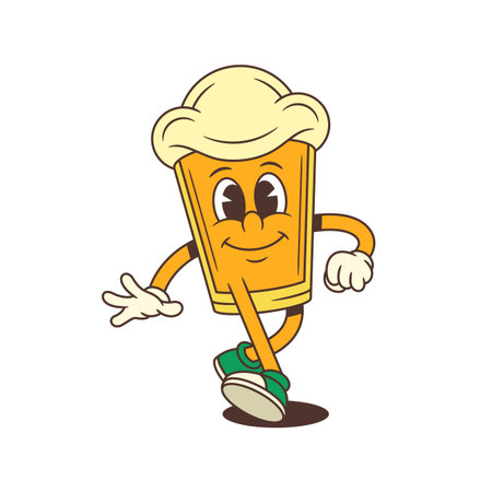 Funny beer glass cartoon mascot with large foam head walking forward confidently with a cheerful smile. Perfect for festival branding, bar identity, or promotional design. Vector illustrationのイラスト素材