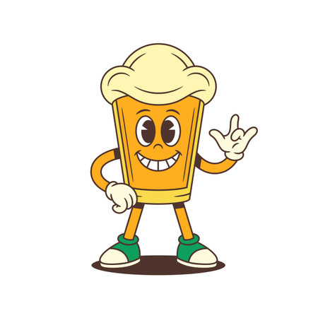 Cheerful cartoon beer glass mascot with foam head smiling and showing ILY hand gesture in a welcoming pose. Ideal for brewery branding or beer events. Vector illustrationのイラスト素材
