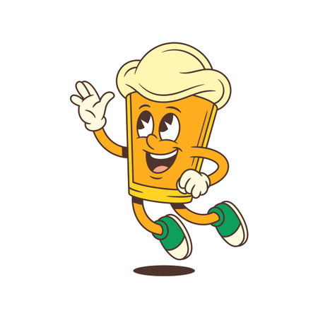 Joyful cartoon beer glass mascot with big foam head jumping up while waving hand and looking upwards in cheerful pose. Perfect for brewery branding or festival use. Vector illustrationのイラスト素材
