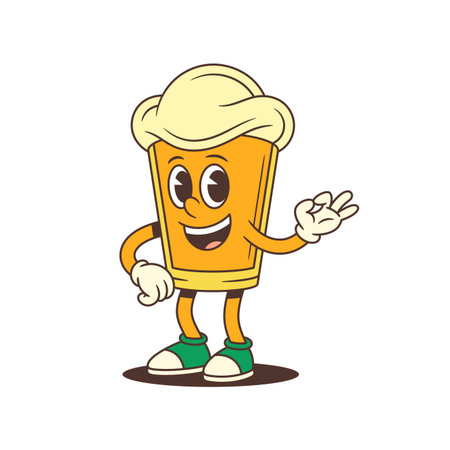 Happy cartoon beer glass mascot with foamy head smiling and making Ok hand gesture. Fun and cheerful design for brewery branding or beer festival materials. Vector illustrationのイラスト素材