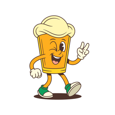 Joyful yellow cartoon beer glass mascot with large foamy head walking while winking and showing peace hand sign. Perfect for brewery branding and beer festival promotions. Vector illustrationのイラスト素材
