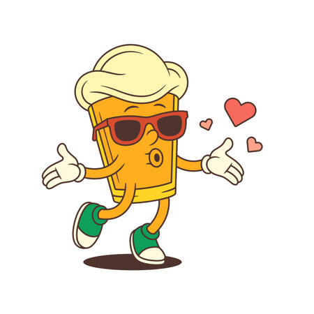 Yellow cartoon beer glass mascot wearing red sunglasses, blowing a kiss, and surrounded by flying red hearts. Perfect for brewery branding and beer festival designs. Vector illustrationのイラスト素材