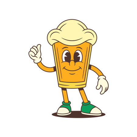Yellow beer glass mascot with large foamy head stands smiling slightly while showing a thumbs up gesture. Perfect for brewery branding, beer festivals, and marketing campaigns. Vector illustrationのイラスト素材