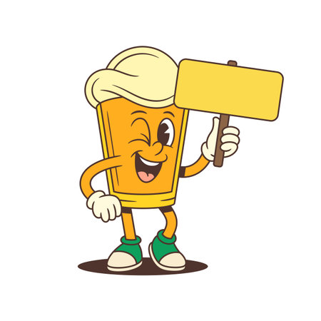 Yellow cartoon beer glass mascot with large foamy head winking and holding a blank yellow signboard. Perfect for brewery branding, and promotional designs. Isolated on white. Vector illustrationのイラスト素材