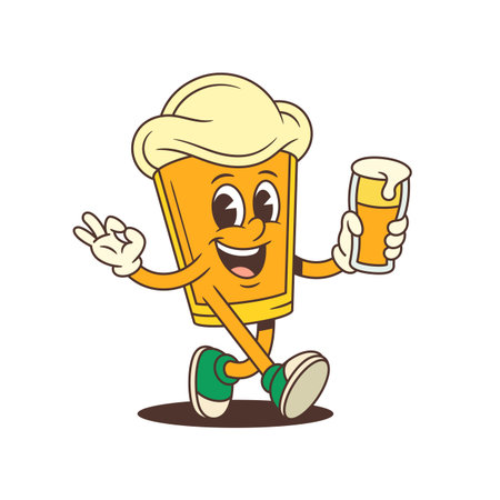 Yellow cheerful cartoon beer glass mascot walking joyfully holding a beer glass and showing an Ok gesture. Ideal for brewery branding, beer festivals, and promotional designs. Vector illustrationのイラスト素材