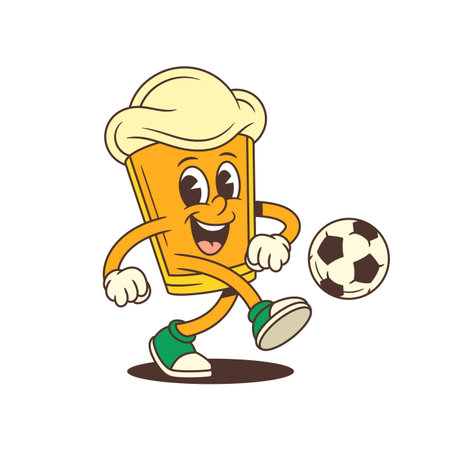 Cheerful cartoon beer glass mascot with frothy head kicking a football and smiling with joy. Perfect for brewery promotion, sports bar design, or beer event branding. Vector illustrationのイラスト素材