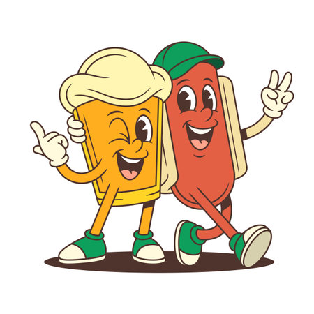 Playful cartoon beer glass character with large foam top drinking while hugging hot dog friend. Perfect design for brewery advertising and food festival branding. Vector illustrationのイラスト素材