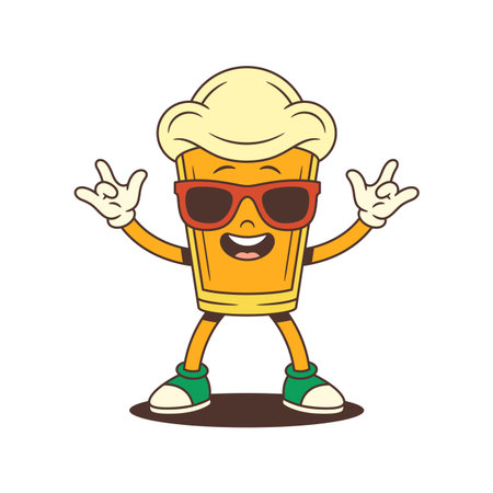Beer glass mascot with large foamy head and red sunglasses stands confidently with arms wide open, showing the ILY hand gesture. Perfect for beer festivals, and promotional events. Vector illustrationのイラスト素材