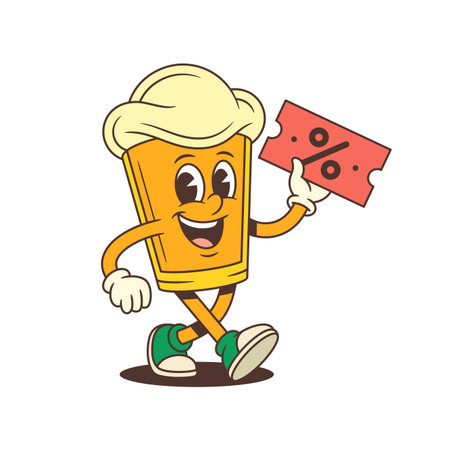 Beer glass mascot with large foamy head walking while holding a red advertising sign featuring a percentage symbol. Ideal for brewery promotions, and marketing campaigns. Vector illustrationのイラスト素材