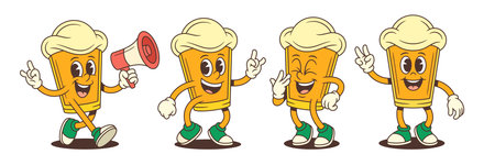 Cartoon beer glass character mascot in various poses showing joy, expression, and communication using gestures and a megaphone. Ideal for brewery branding and advertising. Vector illustrationのイラスト素材