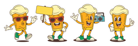 Cheerful beer mascot in various expressive poses like singing, pointing, holding a sign, and carrying a boombox, conveying personality and humor through gestures and expressions. Vector illustrationのイラスト素材