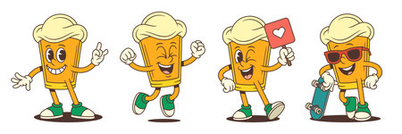 Playful beer mascot performing fun actions like jumping, winking, rocking, and leaning on skateboard while expressing humor and excitement through gestures and facial expressions. Vector illustrationのイラスト素材