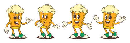 Playful beer mascot character expressing emotions through gestures like hang loose, fear, waving and welcoming poses with animated comic expressions. Vector illustration setのイラスト素材