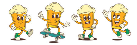 Beer cartoon mascot marches, skateboards, jumps and makes hand signs while expressing various emotions with funny and playful gestures. Vector illustrationのイラスト素材