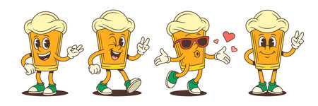 Cartoon beer mascot character shows peace, ok sign and kiss gesture while expressing cheerful emotions through animated face and playful movements. Vector illustrationのイラスト素材