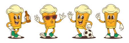 A cheerful yellow beer mascot character performing various fun actions such as walking with a bottle, dancing at a festival, waving near a football, and giving thumbs up. Vector illustrationのイラスト素材