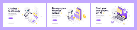 Artificial intelligence robot with technology elements, finance symbols, startup icons, data analysis graphics, creative innovation design. Modern Isometric Web Banner Vector Illustrationのイラスト素材
