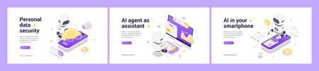 Artificial intelligence robot with personal data protection, security shield, mobile technology, automation process, innovation, digital network, modern isometric web banner vector illustrationのイラスト素材