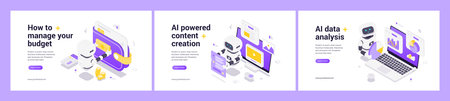 Modern isometric web banner set with AI robot, personal budget planning, automated content creation, advanced data analytics, innovation, financial technology, futuristic design elementsのイラスト素材
