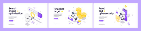 Isometric web banner set featuring AI robot for search engine optimization, financial growth targets, fraud prevention, cybersecurity protection, data safety, futuristic digital innovation.のイラスト素材