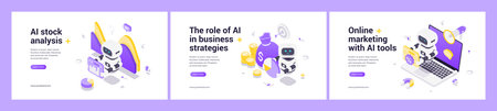 Isometric web banner set with AI robot analyzing stock market data, driving business strategy development, and enhancing online marketing with advanced digital tools and analytics.のイラスト素材