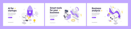 Isometric illustrations featuring AI-driven startup innovation, smart business tools, and data analysis supporting strategic decisions and growth in modern digital environments.のイラスト素材