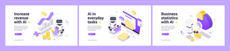Isometric illustrations of AI-driven revenue growth, task automation, and business data analysis featuring robots, charts, coins, and digital technology in modern online environments.のイラスト素材