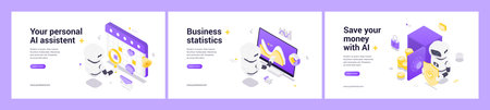 Isometric vector set featuring AI robots for personal task management, business data analysis, and secure financial savings with advanced automation and technology.のイラスト素材