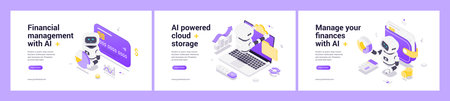Isometric vector set featuring AI robots managing finances with banking, cloud storage, and automated budgeting tools for modern digital financial solutions and data handling.のイラスト素材