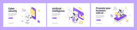 Isometric vector illustrations featuring AI robots enhancing cybersecurity, automating data analysis, and driving business promotion with innovative technology and smart digital tools.のイラスト素材