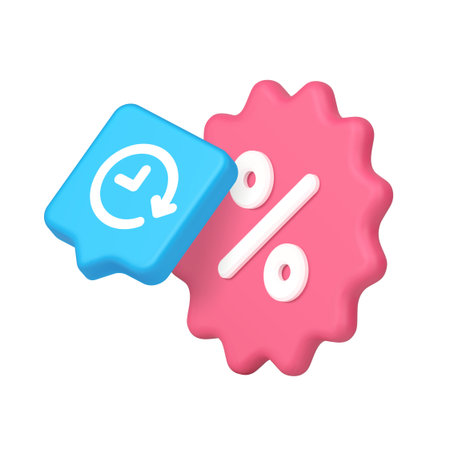 Discount sale promotion limited time offer clock badge percentage marketing shopping deal business retail savings 3d icon realistic vector illustrationのイラスト素材