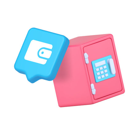 Safe security digital finance wallet cryptocurrency protection storage investment banking wealth management mobile payment encryption 3d icon realistic vector illustrationのイラスト素材