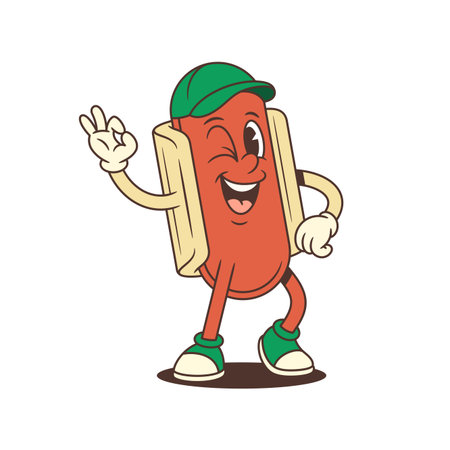 Retro hotdog mascot in a dynamic pose, winking and making an OK hand gesture with a smile and casual attitude. Perfect for street food branding, summer vibes or playful promotions. Vector illustrationのイラスト素材