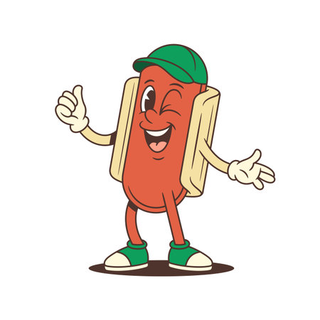 Retro hotdog mascot with a winking face and thumbs-up gesture standing in a confident pose with cheerful energy. Ideal for fast-food ads, street food branding or summer promotions. Vector illustrationのイラスト素材