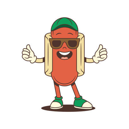Cool hotdog mascot with sunglasses and open arms, smiling wide and exuding a lively, welcoming vibe. Perfect for summer street food branding, casual promotions, or playful ads. Vector illustrationのイラスト素材
