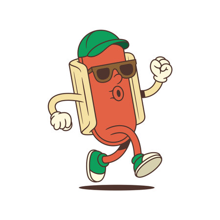 Energetic hotdog mascot in a fast running pose with a focused face, sunglasses, and sporty style. Great for active promotions, summer campaigns, or dynamic fast food branding. Vector illustrationのイラスト素材