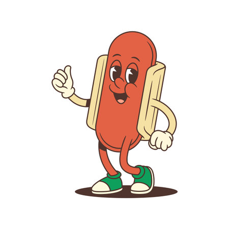 Smiling hotdog mascot with a thumbs-up gesture stands confidently in a welcoming, happy stance. Ideal for food promotions, family-friendly ads, or cheerful branding. Vector illustrationのイラスト素材