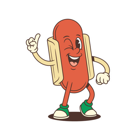 Joyful hotdog mascot standing with confident stance, wide smile, and eyes closed in delight while giving a thumbs-up. Ideal for celebration designs or happy announcement graphics. Vector illustrationのイラスト素材