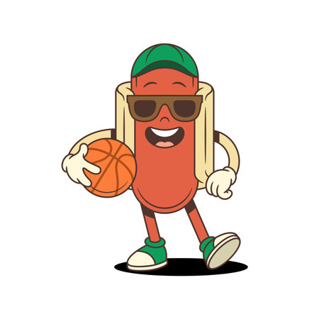 Confident hotdog mascot in sunglasses and green cap holding a basketball with sporty attitude and bright smile. Ideal for active lifestyle branding, sports-themed events. Vector illustrationのイラスト素材