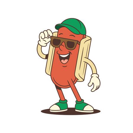 Hotdog mascot with tilted cap and stylish sunglasses adjusts its frames in a confident pose. Ideal for summer street food campaigns, retro branding, or playful advertising visuals. Vector illustrationのイラスト素材