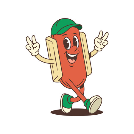Smiling hotdog mascot wearing a green cap holds up two peace signs in an energetic and welcoming stance. Perfect for casual promotions, youth branding, and cheerful advertising. Vector illustrationのイラスト素材