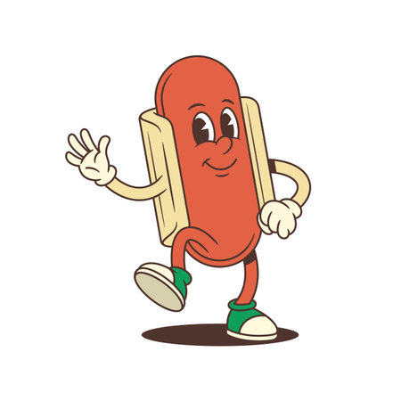 Cheerful hotdog mascot in motion with extended arm and green cap shares friendly energy. Perfect for casual promotions, restaurant greetings, or street food campaigns. Vector illustrationのイラスト素材