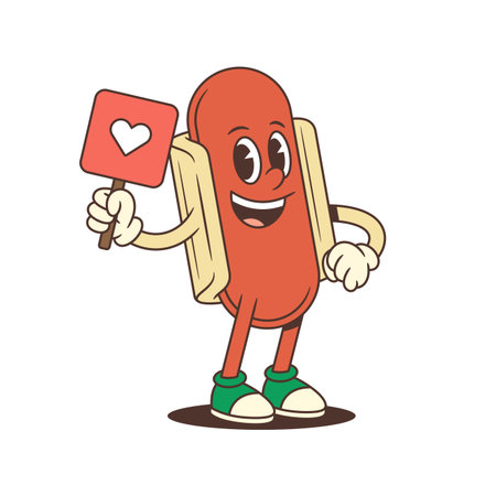 Joyful hotdog mascot with green cap holds emoji heart and raises thumb in positive gesture. Great for online branding, social platforms, or youth content. Vector illustrationのイラスト素材