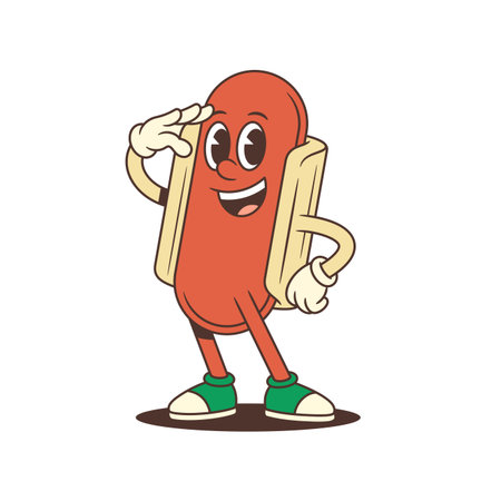 Saluting hotdog mascot with tilted green cap and warm expression strikes a confident, professional vibe. Useful for service themes, customer greetings, or brand identity. Vector illustrationのイラスト素材