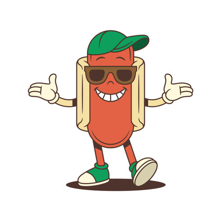 Cool hotdog mascot with wide smile, stylish sunglasses, and open arms shares bold and friendly energy. Great for events, street food branding, or fun promotions. Vector illustrationのイラスト素材