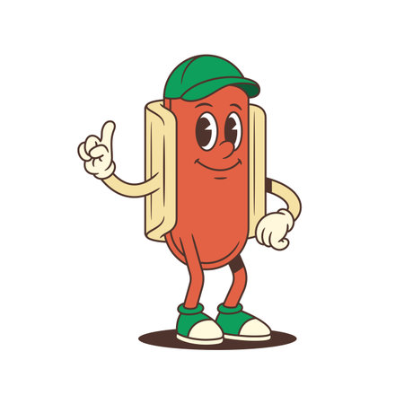 Hotdog mascot wearing sneakers gives thumbs up with a cheerful smile in a confident pose. Perfect for food promotion, advertising, or playful fast food identity. Vector illustrationのイラスト素材