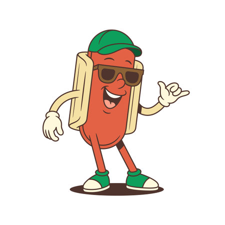 Cool hotdog character flashes a thumbs-up while grinning in laid-back stance. Ideal for modern promotions, street ads, or casual product branding. Vector illustrationのイラスト素材