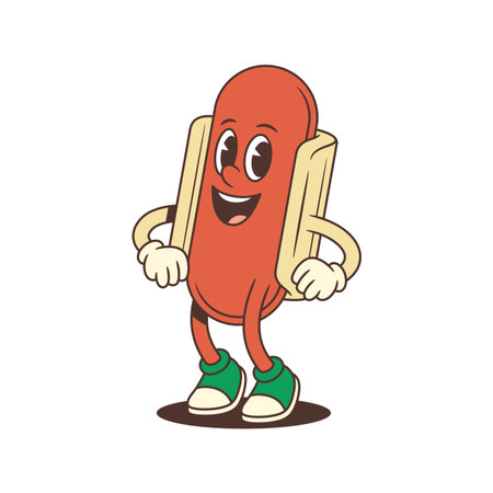 Friendly hotdog mascot with hands on hips and cheerful face radiates positivity and charm. Great for branding, street food ads, or summer events. Vector illustrationのイラスト素材